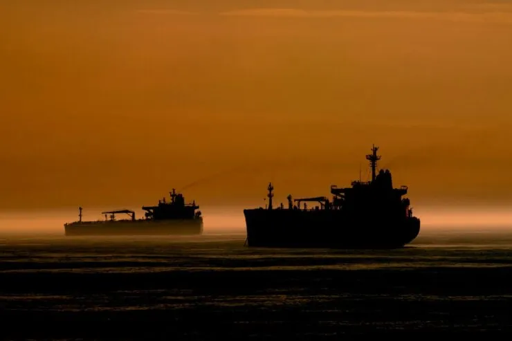 A dramatic silhouette of two large cargo ships sailing across calm waters at sunset. The vessels appear dark against the warm, golden-orange sky, with a thin mist hovering over the horizon, adding an element of mystery. Faint smoke trails can be seen rising from the ships, indicating active movement. The scene conveys a sense of maritime trade, naval operations, or surveillance, highlighting the vastness and solitude of the open sea.
