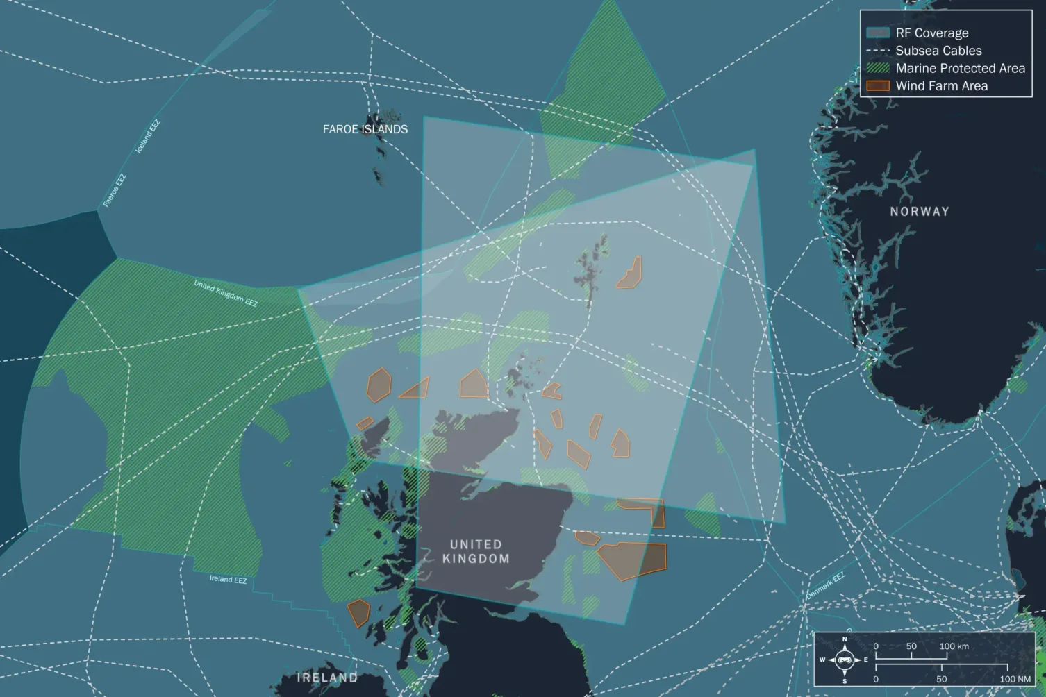 A detailed map showing Unseenlabs' collection campaign in the North Sea, conducted from February 12 to 13, 2024. The map highlights various data points, such as RF emitters (red dots), offshore winds, marine protected areas (green), and submarine cables. The areas covered by the campaign are marked with turquoise lines, and the map includes EEZ boundaries of multiple countries like the United Kingdom, Norway, and Iceland. © Unseenlabs