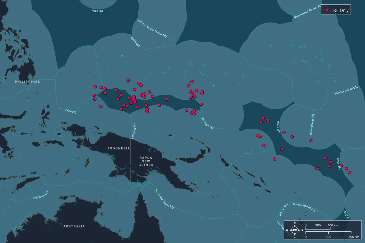 Map showing radio frequency detections in a High Seas Pocket maritime zone, highlighting vessel presence without AIS signals.