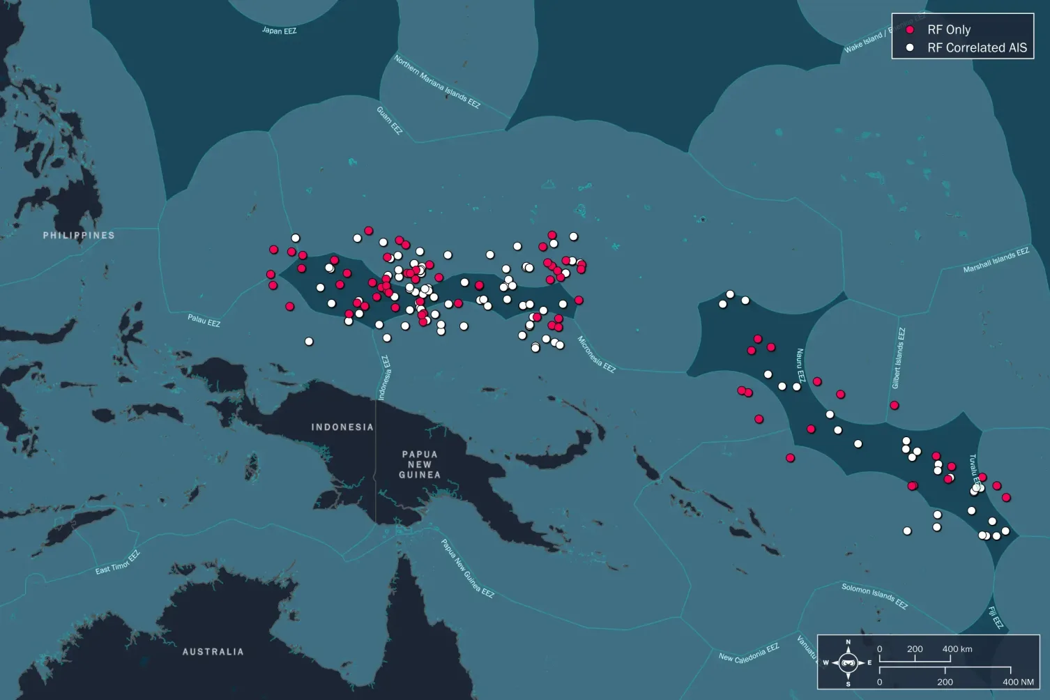Map showing radio frequency detections in High Seas Pocket maritime zone, highlighting vessel presence without AIS signals.