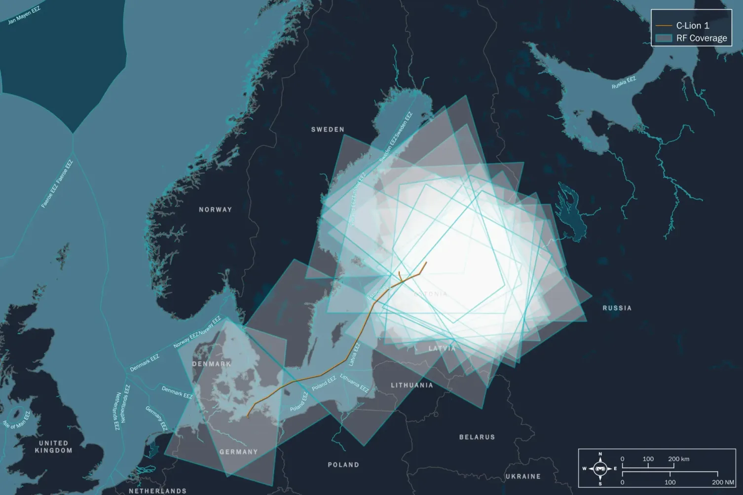 Unseenlabs' map over the Baltic Sea, highlighting maritime activity through radio frequency detection. Showing the Unseenlabs coverege
