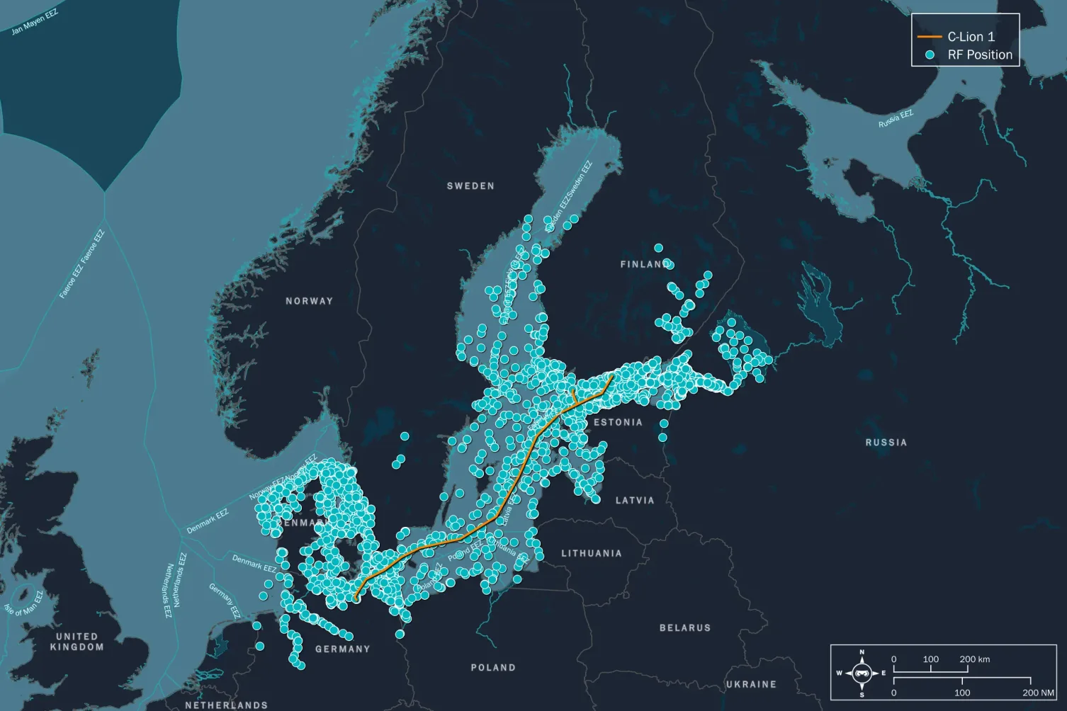 Unseenlabs' map over the Baltic Sea, highlighting maritime activity through radio frequency detection. Highlighting of 10 kilometers around C-Lion 1