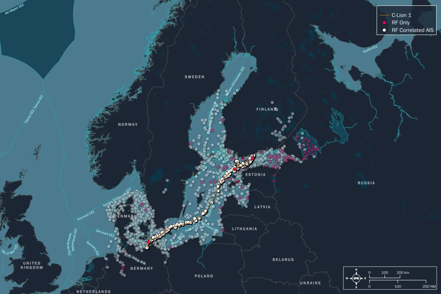 Unseenlabs' map over the Baltic Sea, highlighting maritime activity through radio frequency detection. Highlighting of 10 kilometers around C-Lion 1