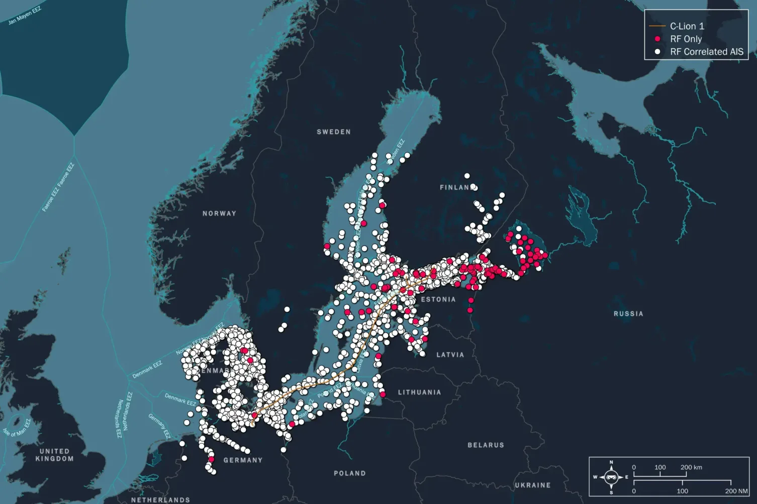 Unseenlabs' map over the Baltic Sea, highlighting maritime activity through radio frequency detection.