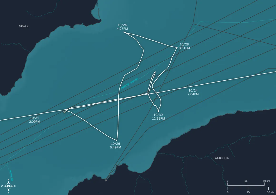 A digital maritime surveillance map of the Strait of Gibraltar from Unseenlabs' collection campaign (October 24-31, 2024). The map traces ship trajectories estimated from AIS messages over an 8-day period, showing complex movement patterns across key maritime routes. © Unseenlabs