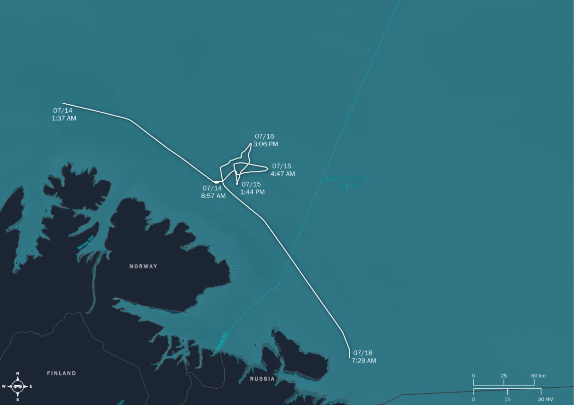 A digital maritime surveillance map showing ship trajectories in the Barents Sea, near Norway and Russia. The white line represents a vessel’s movement over several days, with timestamps marking key locations and maneuvers. The trajectory includes a pattern of repeated movements before continuing its course. © Unseenlabs