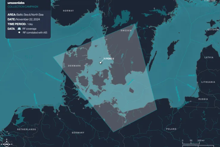 A digital maritime surveillance map displaying Unseenlabs' RF coverage over the Baltic Sea and North Sea on November 22, 2024. The map highlights the location of the Yi Peng 3, a vessel of interest, with RF detections correlated with AIS signals. The coverage area extends over Denmark, Sweden, and surrounding waters. © Unseenlabs