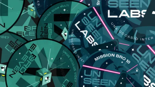 "A dynamic and futuristic digital illustration featuring overlapping circular mission patches from Unseenlabs. The patches display various designs with space-themed elements, including satellites, radar-like graphics, and Latin phrases such as 'Melius Quam Multi' and 'Unus Oculus Videt.' The Unseenlabs logo is prominently featured, along with references to specific missions like 'Mission BRO 10.' The design incorporates deep blue and green tones, with pink laser-like lines adding a high-tech, space exploration aesthetic.