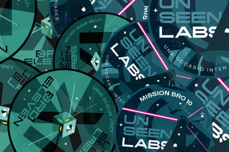 "A dynamic and futuristic digital illustration featuring overlapping circular mission patches from Unseenlabs. The patches display various designs with space-themed elements, including satellites, radar-like graphics, and Latin phrases such as 'Melius Quam Multi' and 'Unus Oculus Videt.' The Unseenlabs logo is prominently featured, along with references to specific missions like 'Mission BRO 10.' The design incorporates deep blue and green tones, with pink laser-like lines adding a high-tech, space exploration aesthetic.