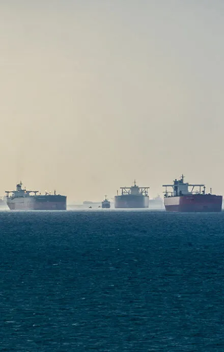 A fleet of large cargo ships and tankers are anchored in open waters, waiting for clearance or transit. The hazy atmosphere creates a sense of distance and depth, emphasizing the vastness of maritime trade routes.