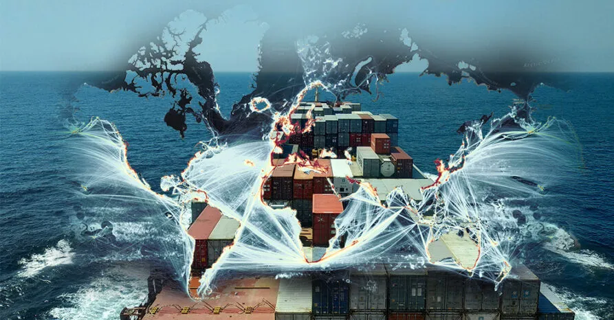 a map showing the world's main shipping routes, with moving ships carrying containers. The idea is to visualize the large volume of goods (12 million tonnes) transported by sea, highlighting international connections between continents.