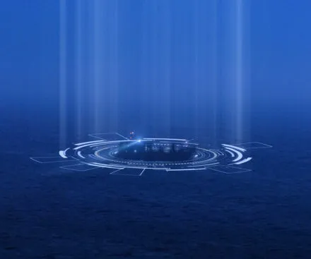 A dark vessel is barely visible in the open ocean, surrounded by futuristic digital overlays and scanning indicators. Beams of light descend onto the ship, representing satellite-based detection technology. This conceptual image illustrates advanced maritime surveillance, identifying vessels that attempt to remain undetected.