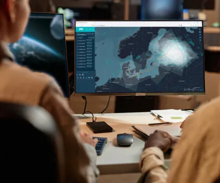 Two professionals are seated at a workstation, analyzing maritime data displayed on a large computer screen. The screen shows a digital map with highlighted zones and a tracked route over Northern Europe. A secondary monitor in the background displays an image of Earth from space, suggesting a global monitoring system. The setting is a high-tech control room, illuminated by screens and ambient lighting.