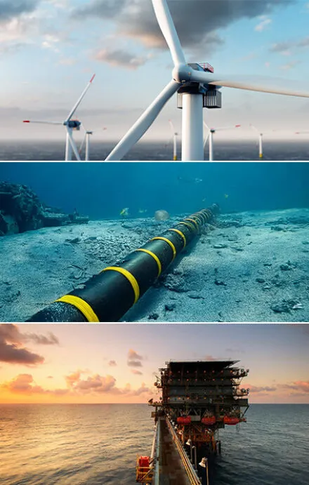 A triptych of offshore energy and infrastructure images. The top image showcases offshore wind turbines spinning above the ocean, symbolizing renewable energy and sustainable power generation. The middle image features a subsea cable resting on the ocean floor, representing underwater communication networks and energy transmission. The bottom image captures an offshore oil and gas platform at sunset, highlighting industrial energy production and maritime operations. This composite image reflects the diverse aspects of offshore industries, from clean energy to critical infrastructure.