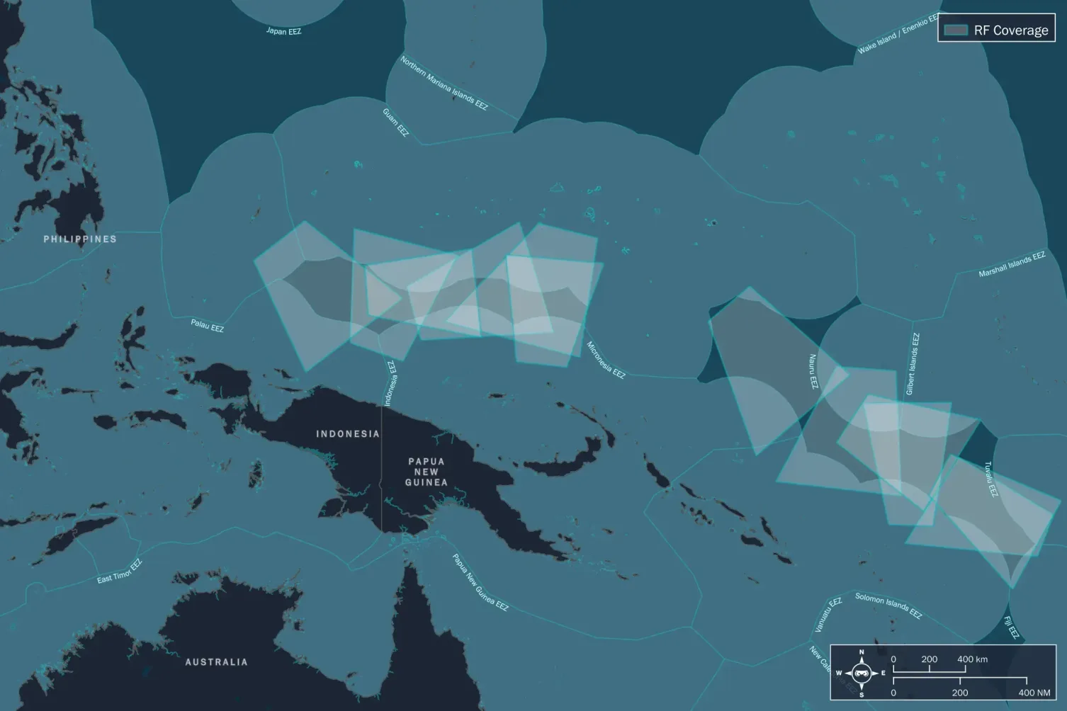 Map showing radio frequency coverages in a High Seas Pocket maritime zone, highlighting vessel presence without AIS signals.