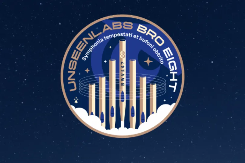 The BRO-8 mission patch features a distinctive design representing Unseenlabs' eighth satellite in its radio frequency (RF) detection constellation. The patch likely incorporates space, maritime surveillance, and RF wave elements, symbolizing the satellite’s role in tracking dark vessels and enhancing global maritime security. The intricate artwork and mission number highlight Unseenlabs' continuous expansion and technological leadership in space-based intelligence.