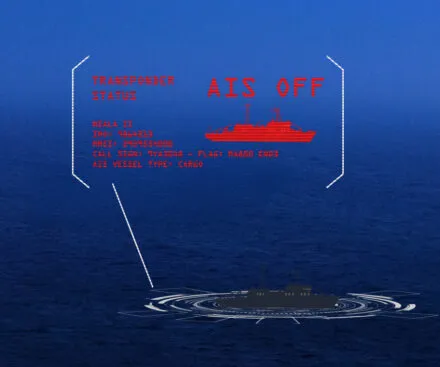 A digital representation of maritime surveillance showing a vessel operating with its AIS transponder turned off. The image features a dark, unidentified ship surrounded by detection waves on a deep blue ocean background, with an overlay of red warning text displaying vessel details such as name, IMO number, and flag. This visualization highlights the importance of RF-based maritime monitoring for detecting vessels attempting to evade tracking systems.