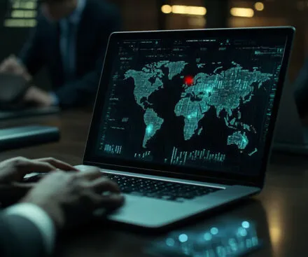 A professional working on a laptop displaying a high-tech global surveillance interface, with a digital world map and data analytics. The screen highlights a red marker, indicating real-time tracking or monitoring of a specific location. The background features other analysts working on similar systems, suggesting a high-security or intelligence-driven maritime monitoring environment.