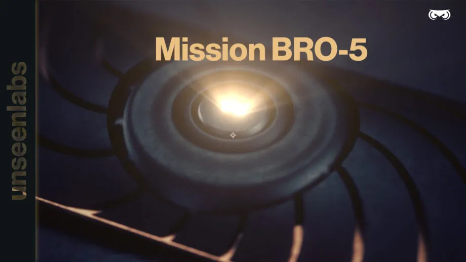 A close-up of a high-tech, circular component with a glowing center, possibly symbolizing advanced satellite technology. The words "Mission BRO-5" are displayed in bold, golden text, highlighting the significance of the mission. On the left side, the Unseenlabs logo and name are vertically aligned in a sleek, modern font, reinforcing the brand identity. A small owl-eye logo is positioned in the top right corner, adding a signature touch to the design. The image conveys a sense of precision, innovation, and the technological sophistication behind Unseenlabs' BRO-5 satellite mission.