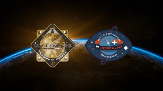 Two mission patches for Unseenlabs' BRO-2 and BRO-3 satellites displayed against the backdrop of Earth from space, illuminated by a sunrise on the horizon.