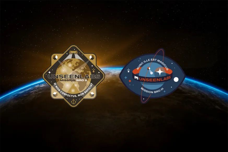 Two mission patches for Unseenlabs' BRO-2 and BRO-3 satellites displayed against the backdrop of Earth from space, illuminated by a sunrise on the horizon.