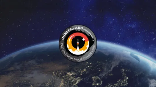 A view of Earth from space, showing a glowing horizon with city lights visible on the darkened landmasses. In the foreground, a circular mission patch for Unseenlabs' "Mission BRO-4" is prominently displayed. The patch features a stylized rocket launch within a black, red, and yellow design, surrounded by the Latin phrase "PAENULTIMUM FINEM COMMOVERE." The deep blue star-filled space serves as the backdrop.