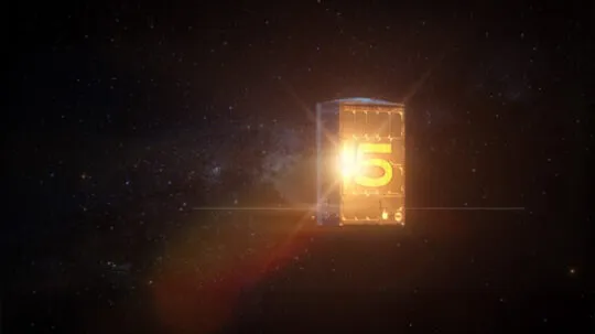 A glowing satellite with the number "5" illuminated in golden light floats in the vastness of space, surrounded by a star-filled cosmic background. The satellite appears to be a small, cube-shaped spacecraft, possibly a CubeSat, with solar panels on its sides. A bright light source reflects off its surface, enhancing the futuristic and high-tech aesthetic. The image symbolizes the launch or milestone achievement of BRO-5, part of the Unseenlabs satellite constellation.
