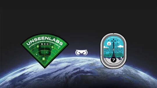A digital graphic featuring two Unseenlabs mission patches against a space backdrop with Earth’s curved horizon visible at the bottom. On the left, the BRO-6 patch is green and shaped like a radar screen, symbolizing advanced maritime surveillance. It includes the Latin phrase "AD SAECULUM MARINA ADDUCERE CAELOS" (Bringing the seas to the skies forever). On the right, the BRO-7 patch is blue and oval-shaped, featuring a maritime scene with a satellite above, reinforcing its role in ocean monitoring. The Latin phrase "CAELI FACILA SUPER" (Easily ruling the skies) is inscribed on it. Between the patches, the Unseenlabs owl-eye logo glows, representing the company’s expertise in space-based RF detection and maritime intelligence.