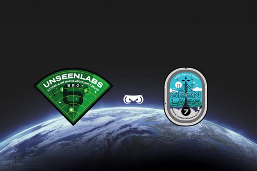 A digital graphic featuring two Unseenlabs mission patches against a space backdrop with Earth’s curved horizon visible at the bottom. On the left, the BRO-6 patch is green and shaped like a radar screen, symbolizing advanced maritime surveillance. It includes the Latin phrase "AD SAECULUM MARINA ADDUCERE CAELOS" (Bringing the seas to the skies forever). On the right, the BRO-7 patch is blue and oval-shaped, featuring a maritime scene with a satellite above, reinforcing its role in ocean monitoring. The Latin phrase "CAELI FACILA SUPER" (Easily ruling the skies) is inscribed on it. Between the patches, the Unseenlabs owl-eye logo glows, representing the company’s expertise in space-based RF detection and maritime intelligence.