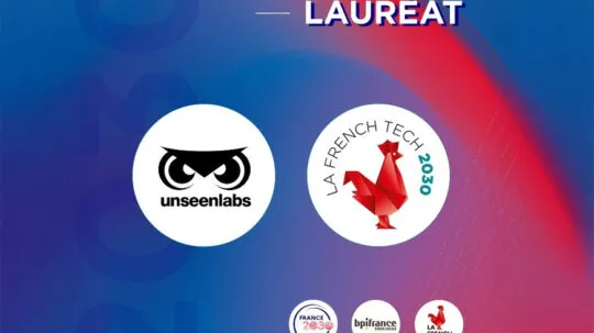 A digital graphic design celebrating Unseenlabs as a "Lauréat" (winner) of the La French Tech 2030 program. The image features a blue and red gradient background with the number "2030" subtly integrated. In the center, two circular logos are displayed: on the left, the Unseenlabs logo with its black stylized owl eyes, and on the right, the La French Tech 2030 logo featuring a red geometric rooster. Below, three smaller logos represent France 2030, Bpifrance, and La French Tech.