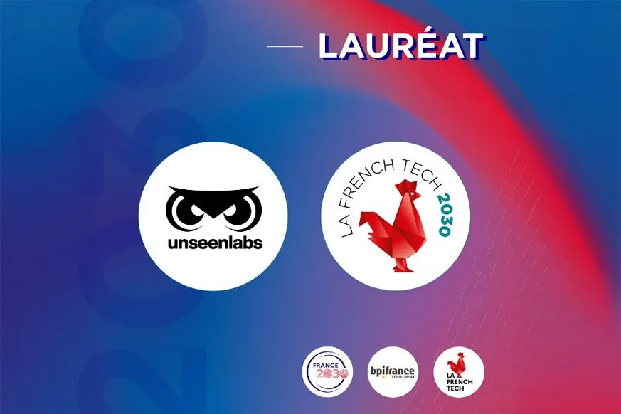 A digital graphic design celebrating Unseenlabs as a "Lauréat" (winner) of the La French Tech 2030 program. The image features a blue and red gradient background with the number "2030" subtly integrated. In the center, two circular logos are displayed: on the left, the Unseenlabs logo with its black stylized owl eyes, and on the right, the La French Tech 2030 logo featuring a red geometric rooster. Below, three smaller logos represent France 2030, Bpifrance, and La French Tech.