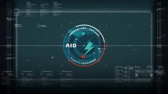 A high-tech digital interface with a futuristic, holographic design displays a mission patch for Mission KERAUNOS, a collaboration between Unseenlabs and Cailabs. The patch features a stylized radar with a lightning bolt and a star, symbolizing advanced detection and precision. The word "AID" is prominently displayed, indicating its association with defense and intelligence applications. The background consists of a dark grid with technical schematics, data points, and system diagnostics, reinforcing the theme of cutting-edge technology and space-based surveillance.
