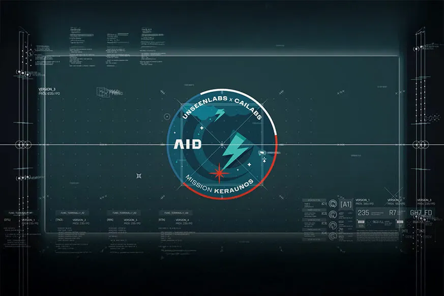 A high-tech digital interface with a futuristic, holographic design displays a mission patch for Mission KERAUNOS, a collaboration between Unseenlabs and Cailabs. The patch features a stylized radar with a lightning bolt and a star, symbolizing advanced detection and precision. The word "AID" is prominently displayed, indicating its association with defense and intelligence applications. The background consists of a dark grid with technical schematics, data points, and system diagnostics, reinforcing the theme of cutting-edge technology and space-based surveillance.