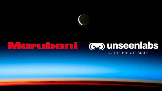 Against the backdrop of Earth's horizon and a crescent moon, Marubeni and Unseenlabs unite their expertise to enhance global maritime monitoring through advanced space-based RF technology. This partnership marks a new chapter in innovation and security at sea.