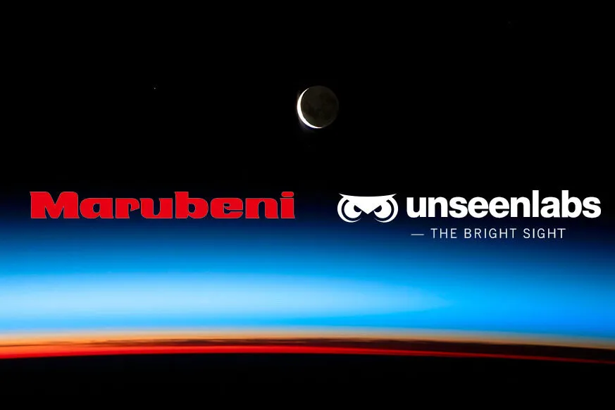 Against the backdrop of Earth's horizon and a crescent moon, Marubeni and Unseenlabs unite their expertise to enhance global maritime monitoring through advanced space-based RF technology. This partnership marks a new chapter in innovation and security at sea.