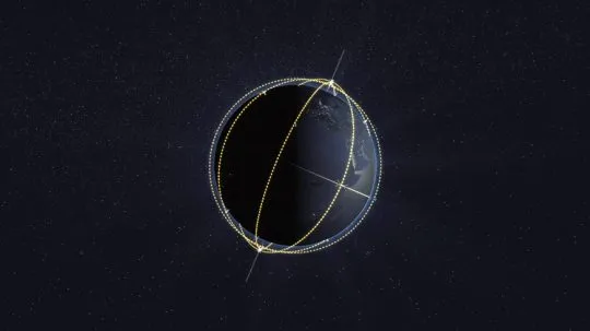 A digital illustration of Earth in space, partially illuminated by the sun. Several dotted yellow lines wrap around the planet, representing satellite orbits in different planes. The background is filled with stars, emphasizing the space environment.