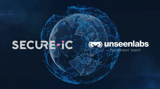 Unseenlabs and Secure-IC offer Post-Quantum Cryptography authentication A digital graphic featuring the logos of Secure-IC and Unseenlabs against a futuristic backdrop of a glowing, interconnected globe. The design symbolizes global cybersecurity, satellite intelligence, and secure communications. The network-like structure surrounding the Earth represents data protection, digital connectivity, and advanced surveillance capabilities. This visual highlights a strategic partnership between Secure-IC and Unseenlabs, emphasizing cybersecurity and space-based intelligence solutions.