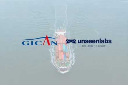 A cargo ship sailing in open waters, viewed from above, overlaid with the logos of GICAN and Unseenlabs, including the tagline "The Bright Sight."