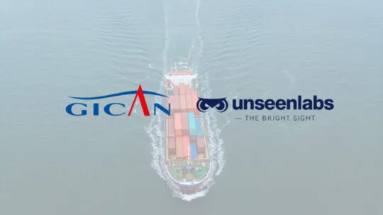 A cargo ship sailing in open waters, viewed from above, overlaid with the logos of GICAN and Unseenlabs, including the tagline "The Bright Sight."
