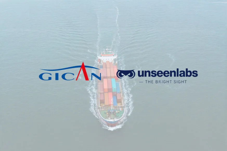 A cargo ship sailing in open waters, viewed from above, overlaid with the logos of GICAN and Unseenlabs, including the tagline "The Bright Sight."