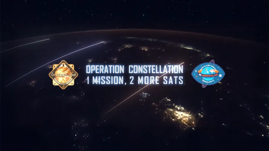 A night view of Earth from space with glowing city lights, overlaid with the text "Operation Constellation: 1 Mission, 2 More Sats" and Unseenlabs' mission patches for BRO-2 and BRO-3.
