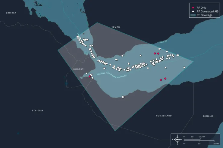 Map displaying radio frequency detections in the southern Red Sea, highlighting maritime activity and the presence of dark vessels.