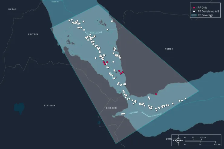 Map displaying radio frequency detections in the southern Red Sea, highlighting maritime activity and the presence of dark vessels.
