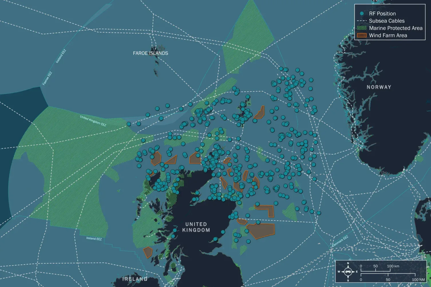 Map showing Unseenlabs' North Sea collection campaign, but now focusing on all RF emitters, marked with dark blue dots. The map also outlines marine protected areas, offshore wind zones, and submarine cables, with the EEZs of relevant countries clearly marked. The areas covered are again highlighted with turquoise lines. © Unseenlabs