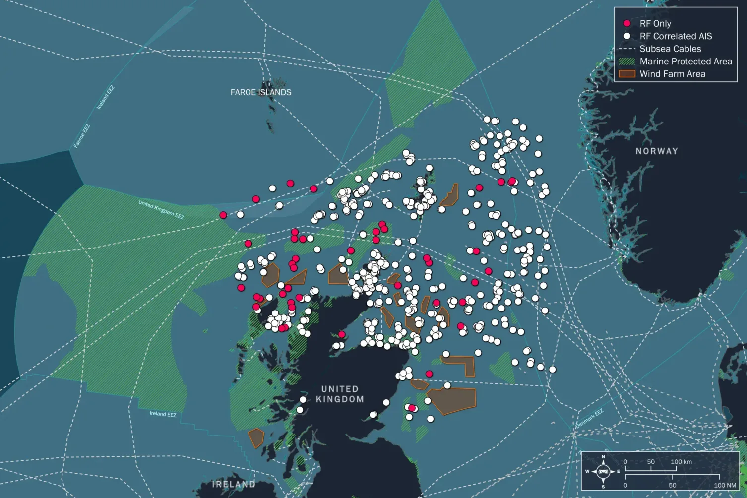 A map illustrating Unseenlabs' RF collection campaign in the North Sea, conducted over February 12-13, 2024. This map shows the campaign coverage area marked in turquoise, alongside offshore wind zones, marine protected areas, and submarine cables. The map emphasizes the scope of Unseenlabs' surveillance with clear boundary markings. © Unseenlabs