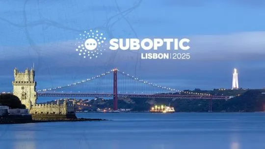 Banner for SubOptic Lisbon 2025 featuring the announcement: “New space-based Radio Frequency detection technology applied to maritime surveillance for subsea cable networks,” with a view of Lisbon’s 25 de Abril Bridge and the Cristo Rei statue.