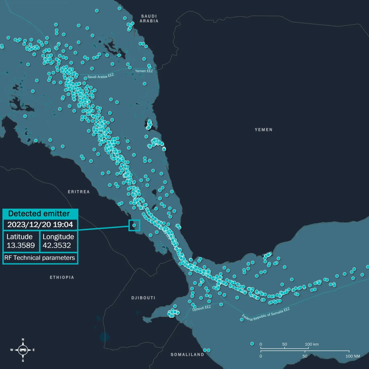 Labeled map showing radio frequency detections in the southern Red Sea, with geographic markers and vessel positions highlighted.