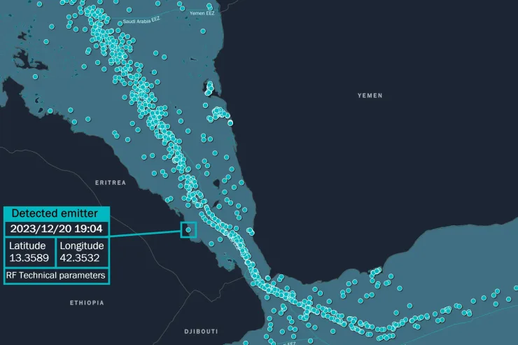 Labeled map showing radio frequency detections in the southern Red Sea, with geographic markers and vessel positions highlighted.