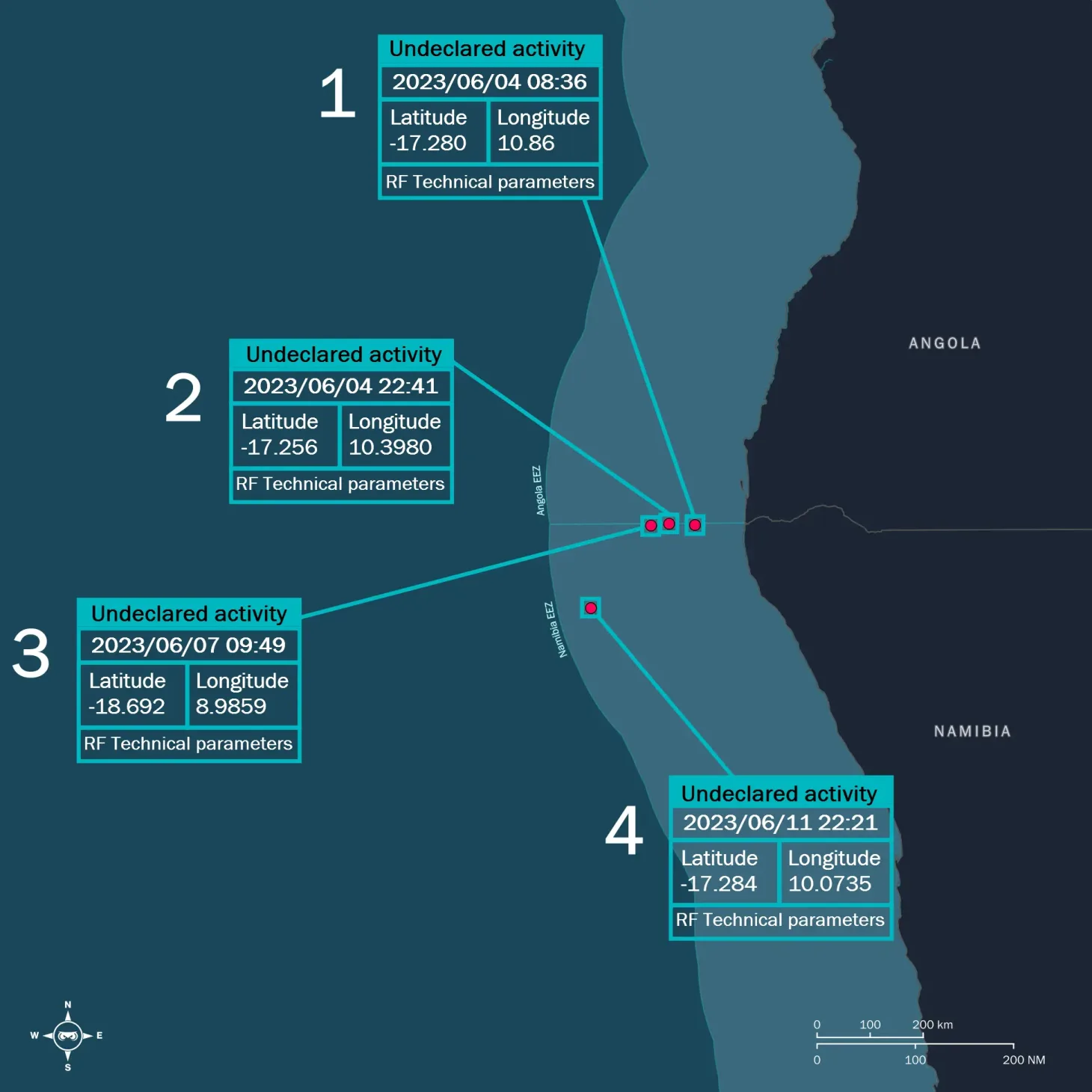 Unseenlabs' map over the coastal waters between Namibia and Angola, highlighting maritime activity through radio frequency detection.