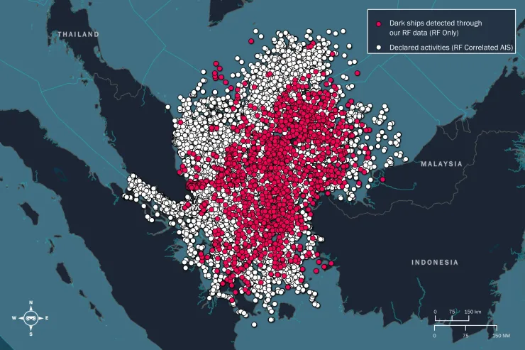 An Unseenlabs' map showcasing maritime surveillance over the Natuna Sea. Utilizing advanced radio frequency detection, Unseenlabs provides insights into vessel movements, enhancing maritime domain awareness in this strategic region.